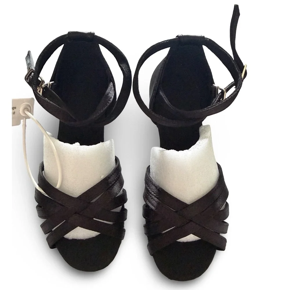 DanceandSway Kids Black Satin Latin Ballroom Dance Shoes Sz 7.5 EU 24 1.9